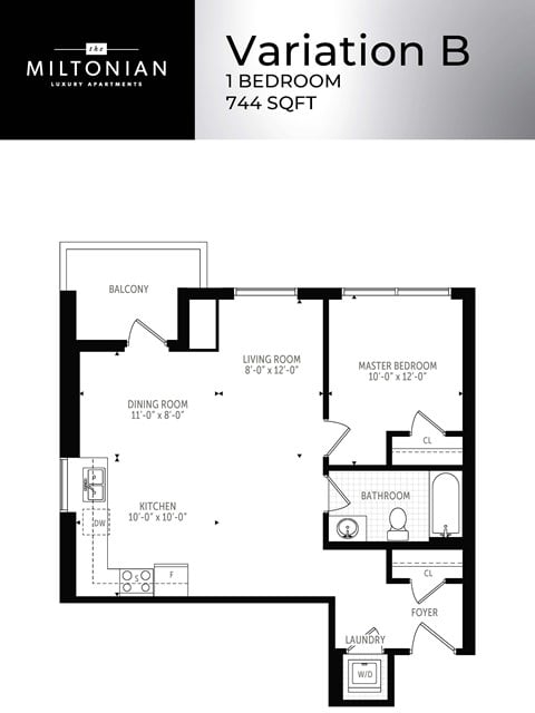 Floor plan for 1 bed, 1 bath, 744 sqft